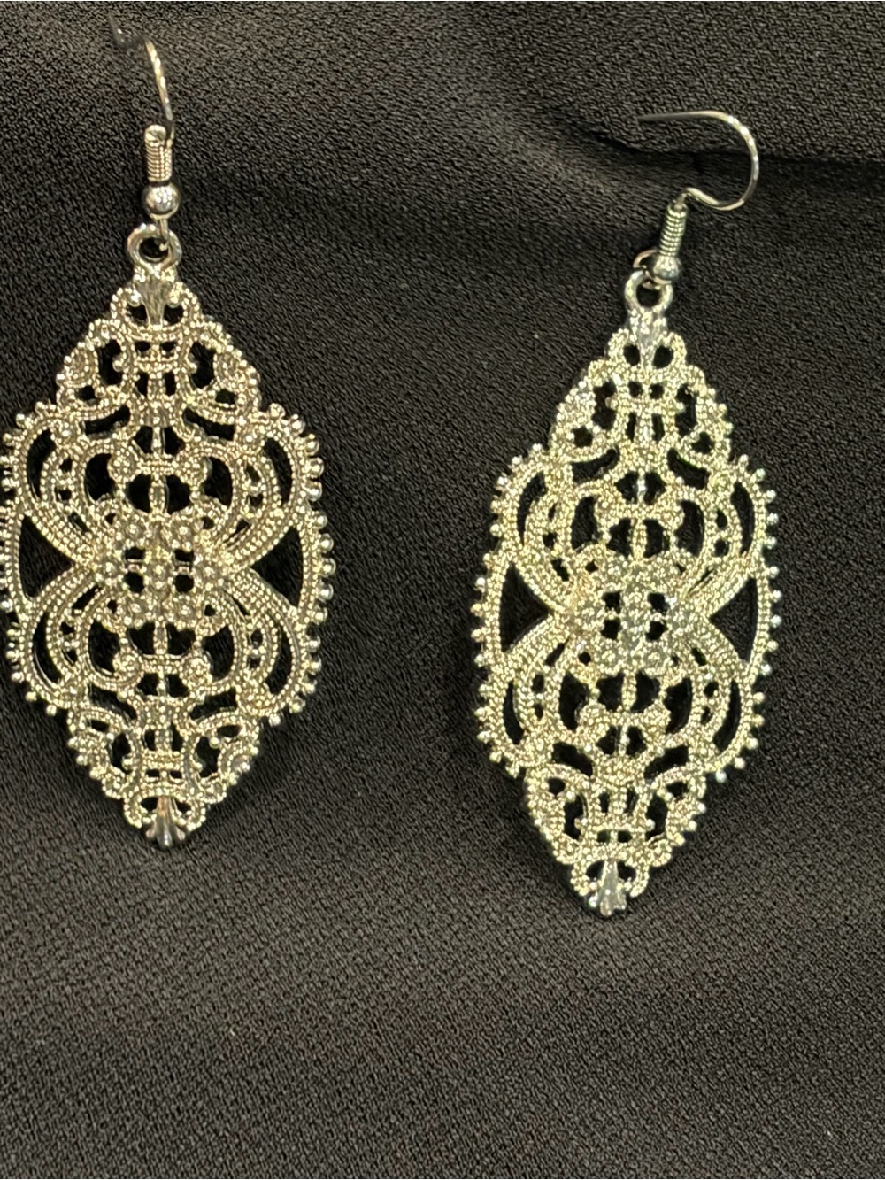 Silver Finish Dressy Oblong Filigreed Pierced Earrings